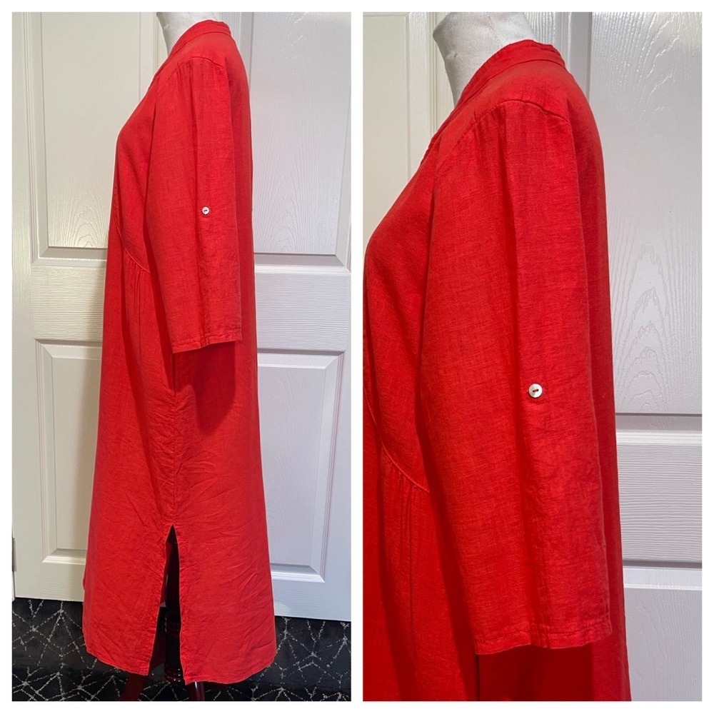 Linen! Francesca Bettini Made In Italy Shirt Dress Red Linen Blend with Pockets - Picture 2 of 7